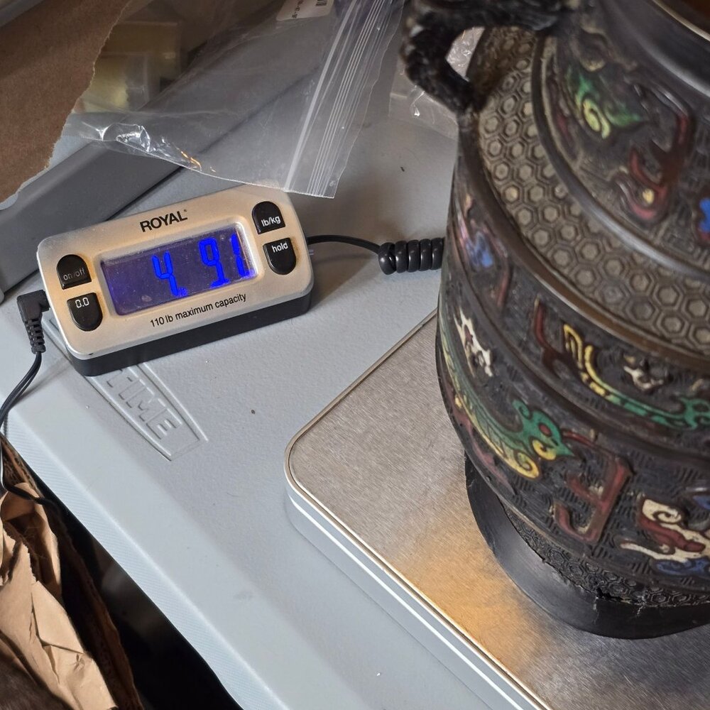 Antique Japanese Bronze Champleve Vase 11" Archaic Dragon Handle Meiji Style - Picture 16 of 16